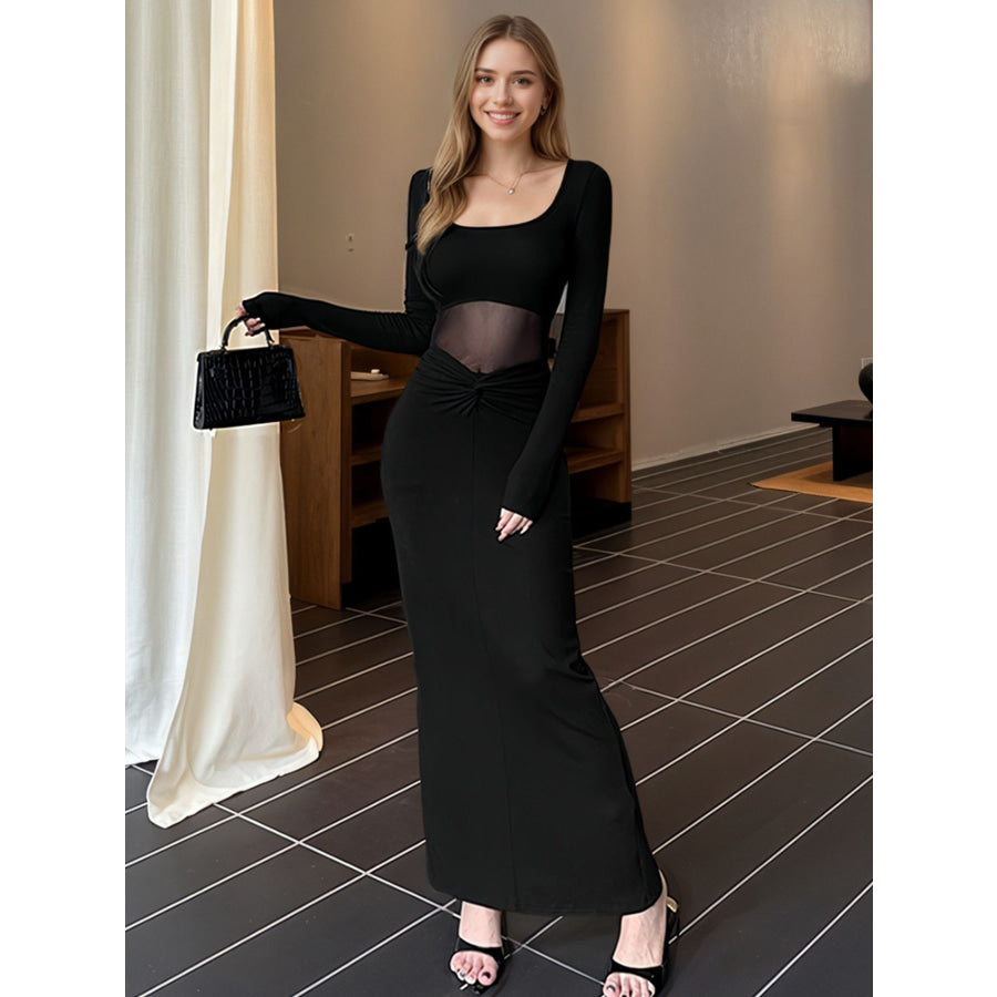 Sheer Mesh Panel Long Sleeve Maxi Dress Apparel and Accessories