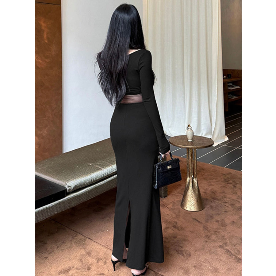 Sheer Mesh Panel Long Sleeve Maxi Dress Apparel and Accessories