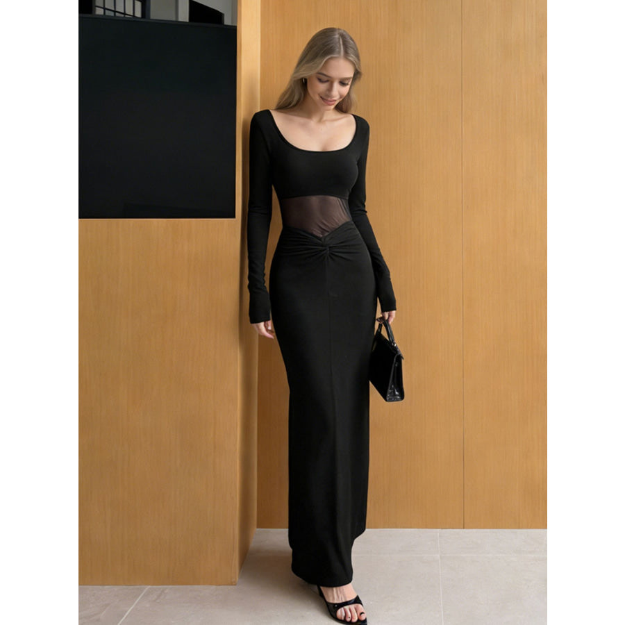 Sheer Mesh Panel Long Sleeve Maxi Dress Black / M Apparel and Accessories