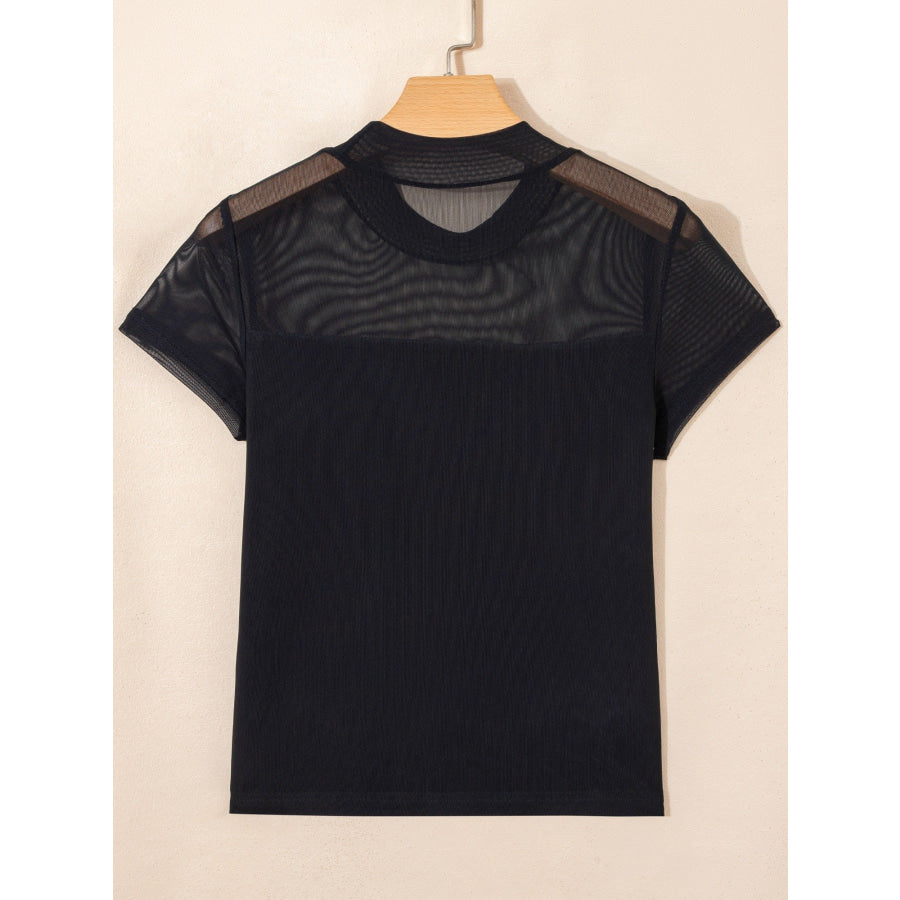 Sheer Mesh Patchwork Cap Sleeve T Shirt Apparel and Accessories