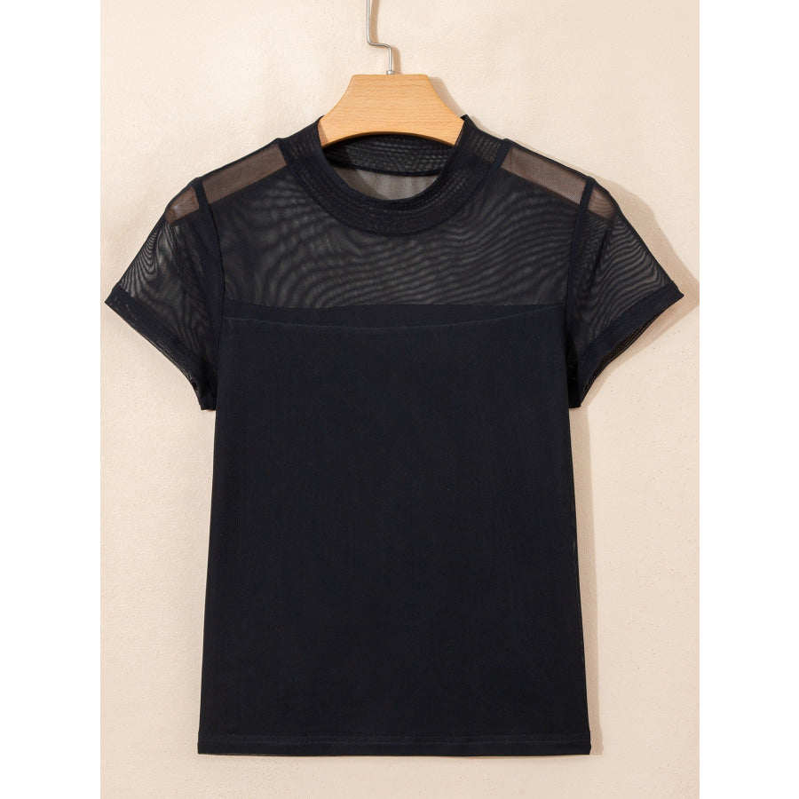 Sheer Mesh Patchwork Cap Sleeve T Shirt Apparel and Accessories