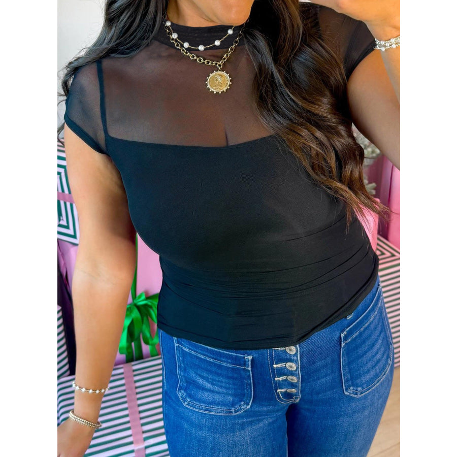 Sheer Mesh Patchwork Cap Sleeve T Shirt Black / S Apparel and Accessories