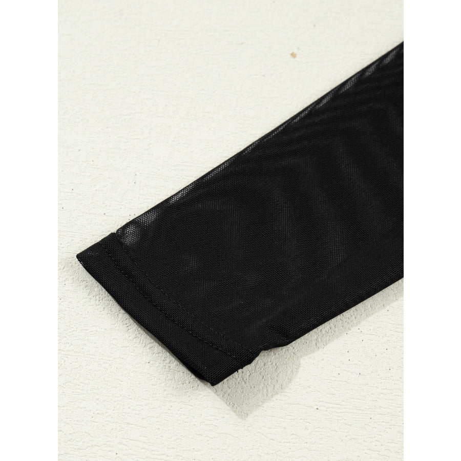 Sheer Mesh Patchwork High Neck Long Sleeve Top Apparel and Accessories
