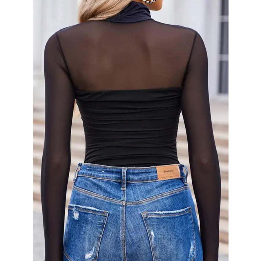 Sheer Mesh Patchwork High Neck Long Sleeve Top Apparel and Accessories