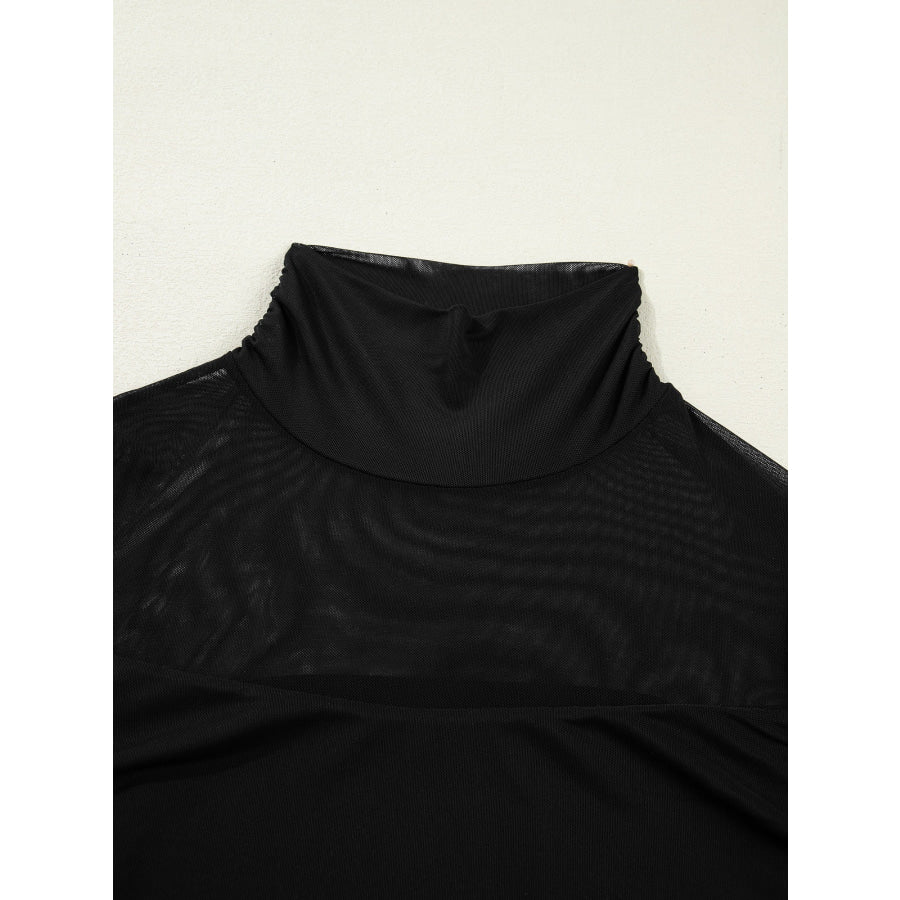 Sheer Mesh Patchwork High Neck Long Sleeve Top Apparel and Accessories