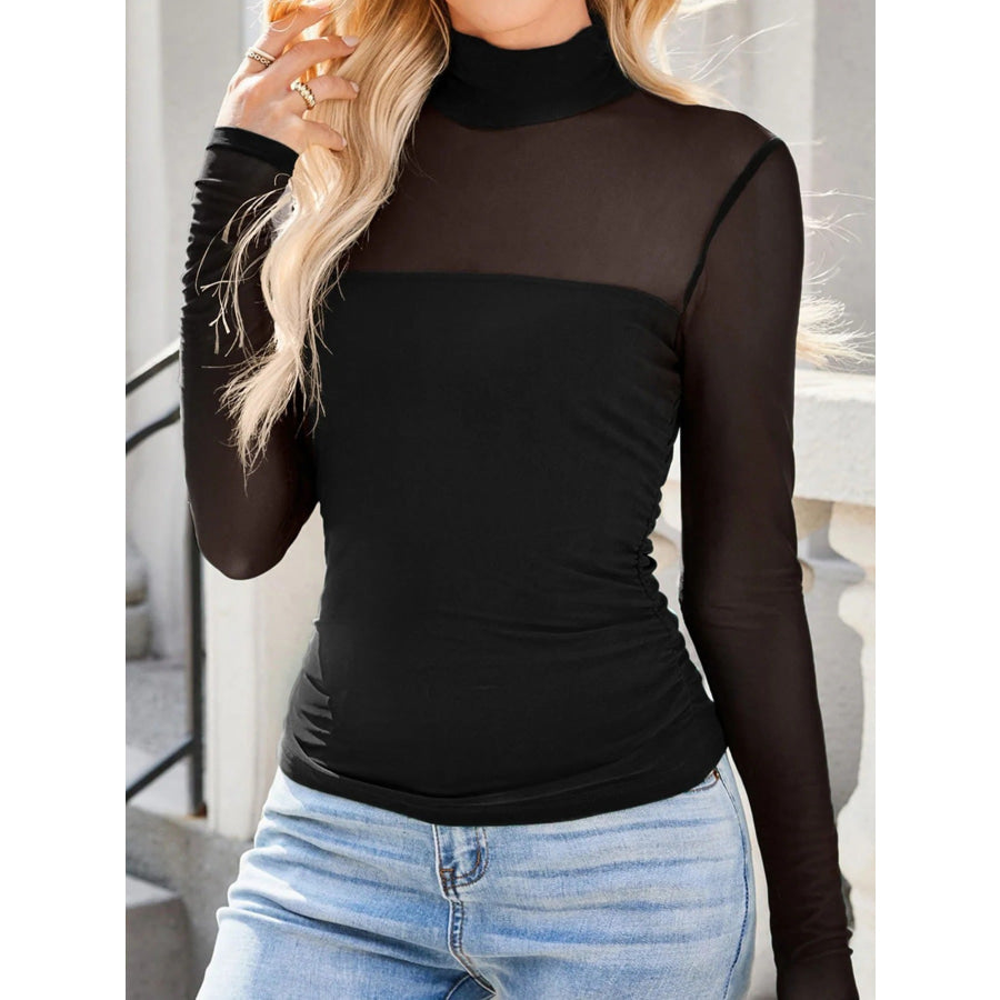 Sheer Mesh Patchwork High Neck Long Sleeve Top Apparel and Accessories