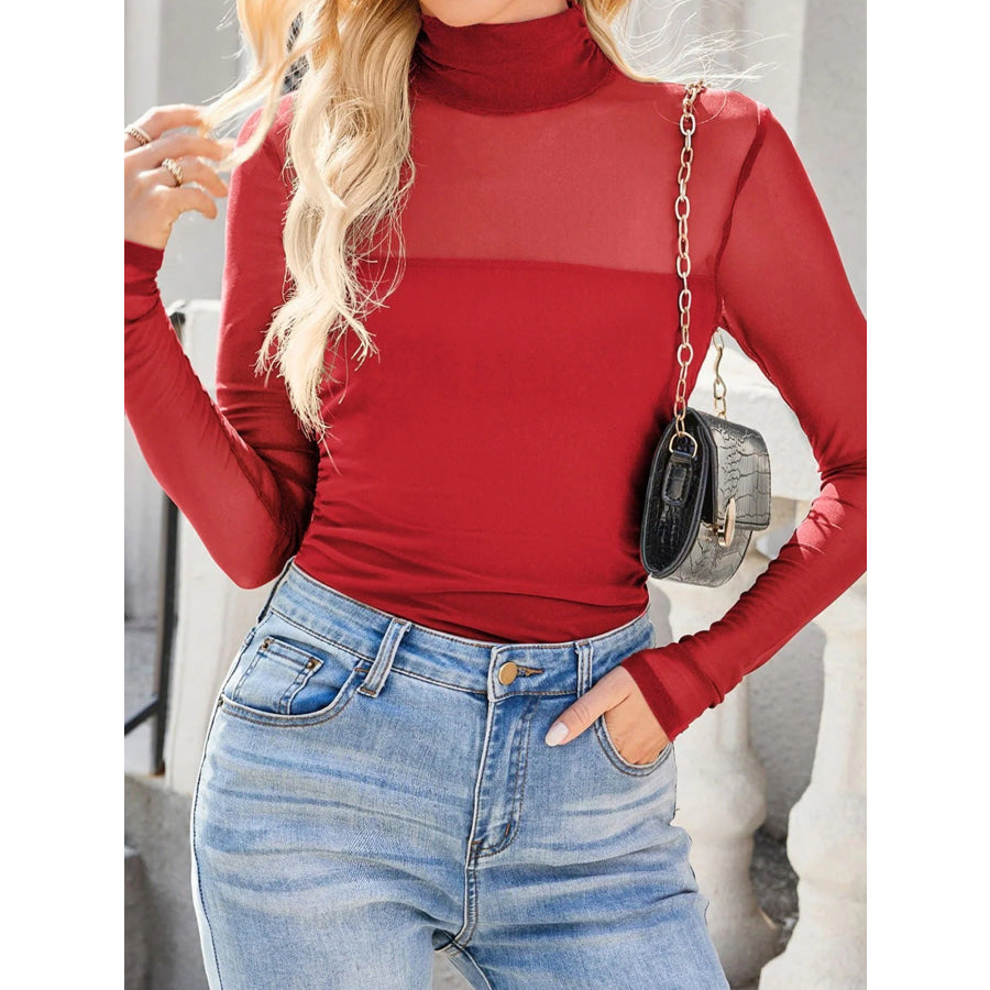 Sheer Mesh Patchwork High Neck Long Sleeve Top Apparel and Accessories