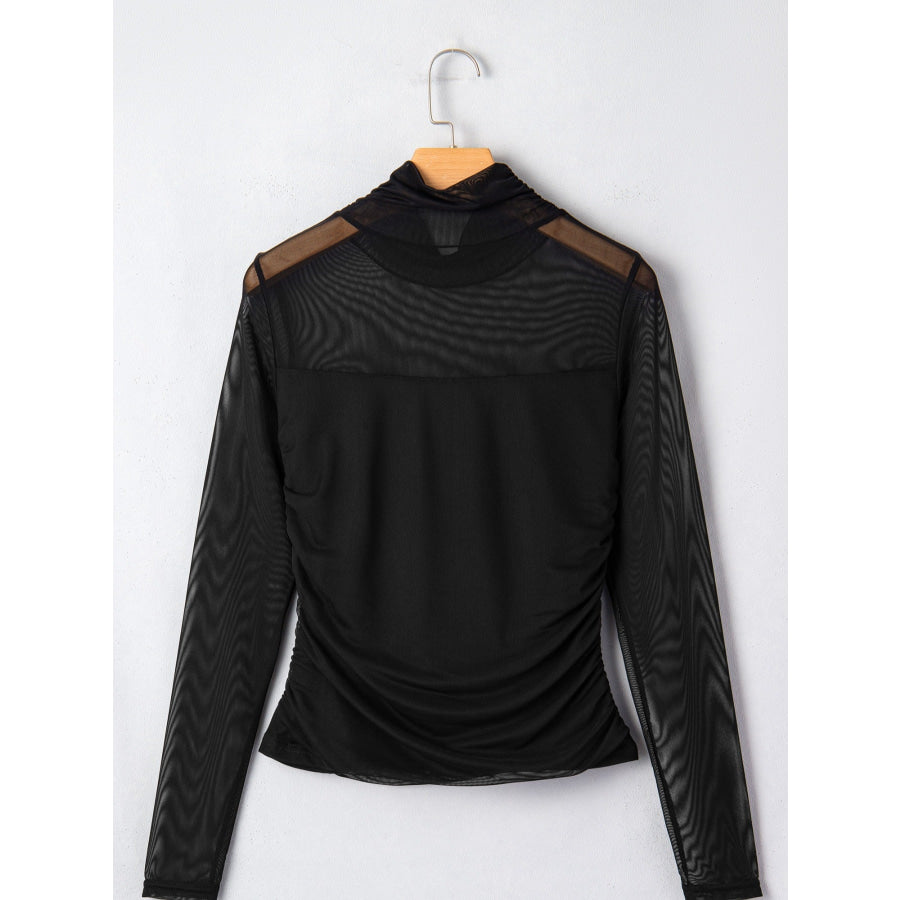 Sheer Mesh Patchwork High Neck Long Sleeve Top Apparel and Accessories