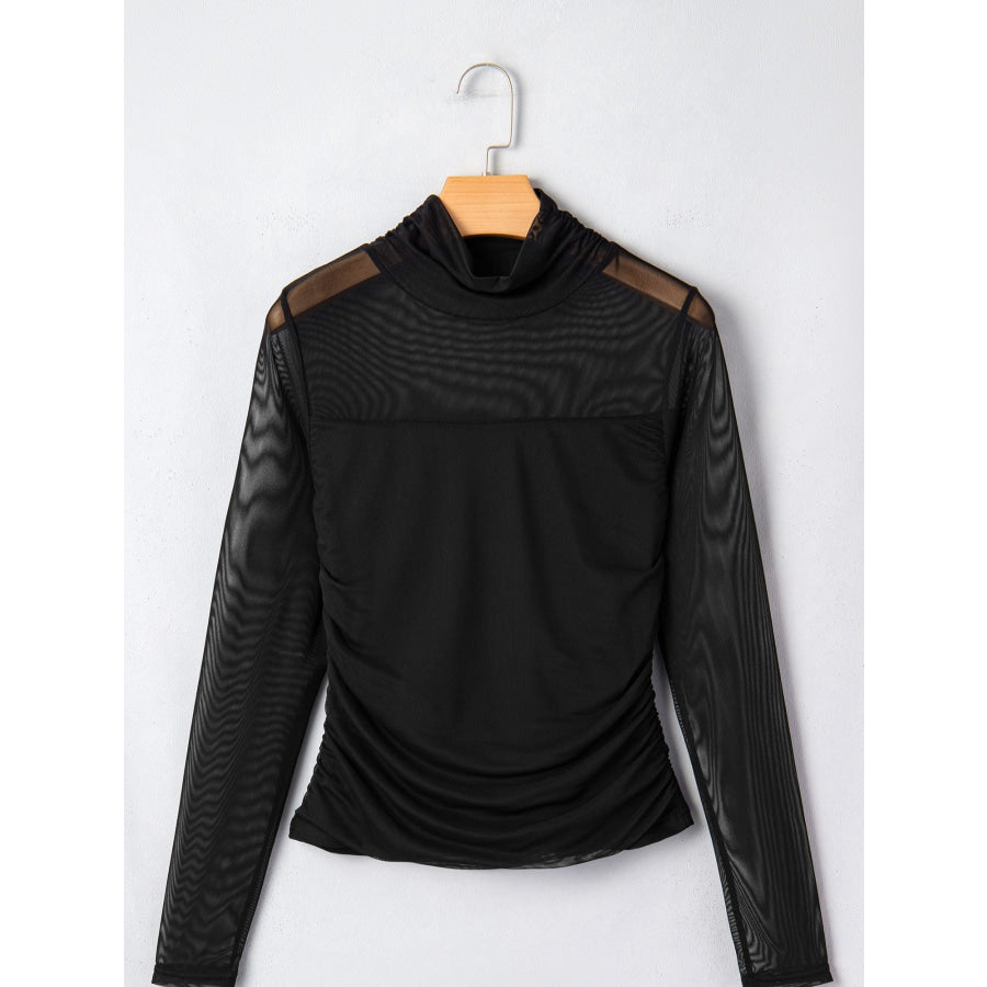 Sheer Mesh Patchwork High Neck Long Sleeve Top Apparel and Accessories