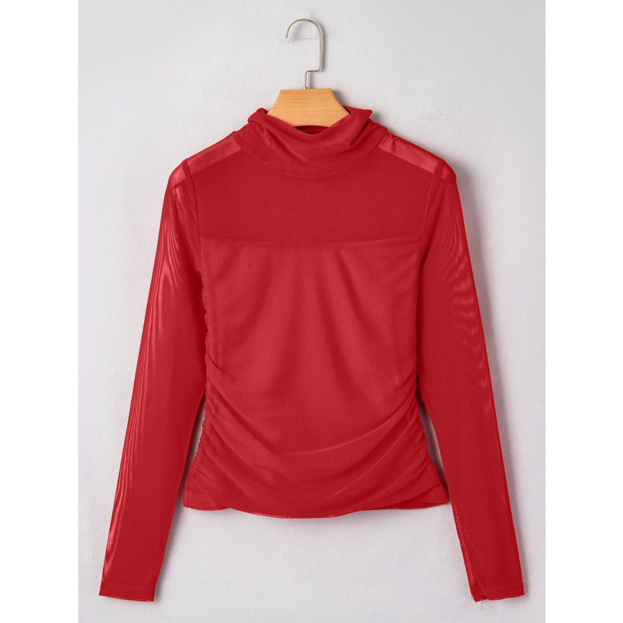 Sheer Mesh Patchwork High Neck Long Sleeve Top Apparel and Accessories