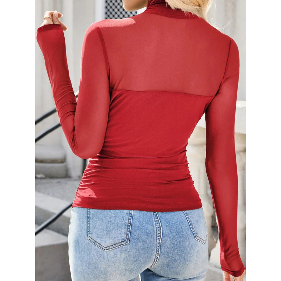 Sheer Mesh Patchwork High Neck Long Sleeve Top Apparel and Accessories