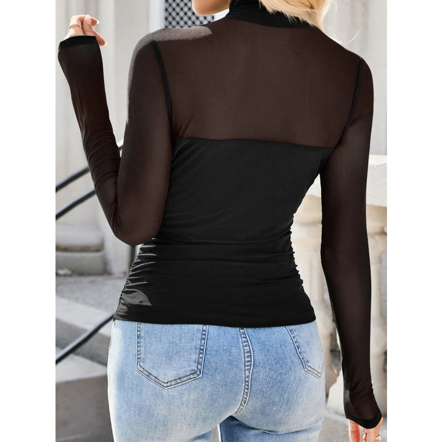 Sheer Mesh Patchwork High Neck Long Sleeve Top Apparel and Accessories