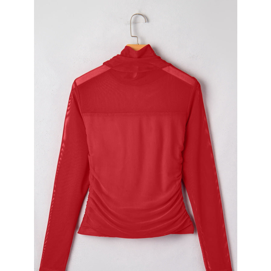 Sheer Mesh Patchwork High Neck Long Sleeve Top Apparel and Accessories