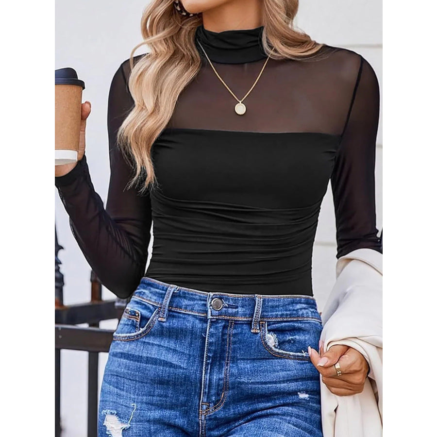 Sheer Mesh Patchwork High Neck Long Sleeve Top Apparel and Accessories