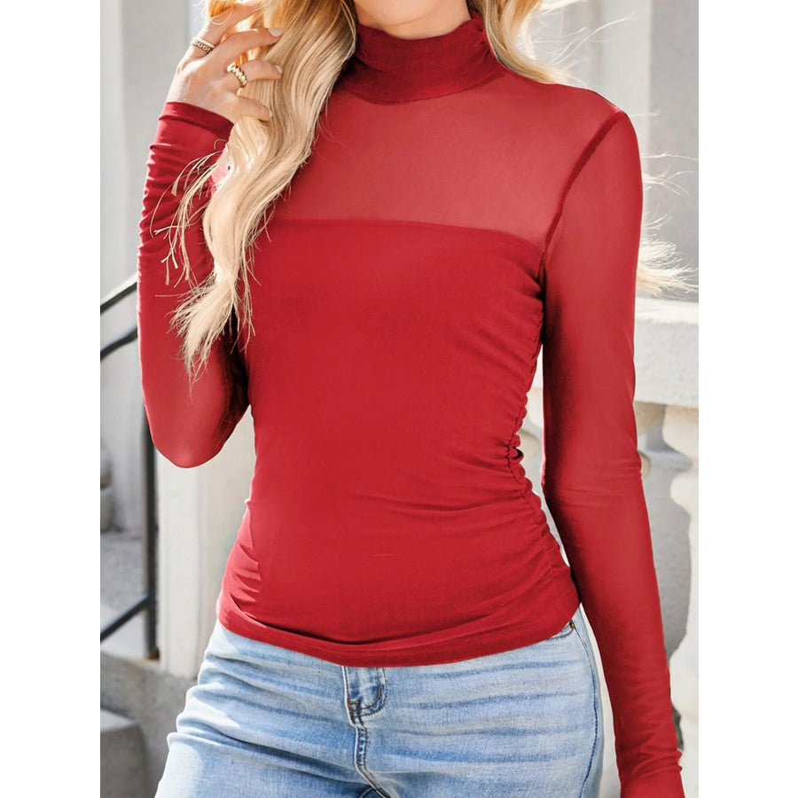 Sheer Mesh Patchwork High Neck Long Sleeve Top Apparel and Accessories