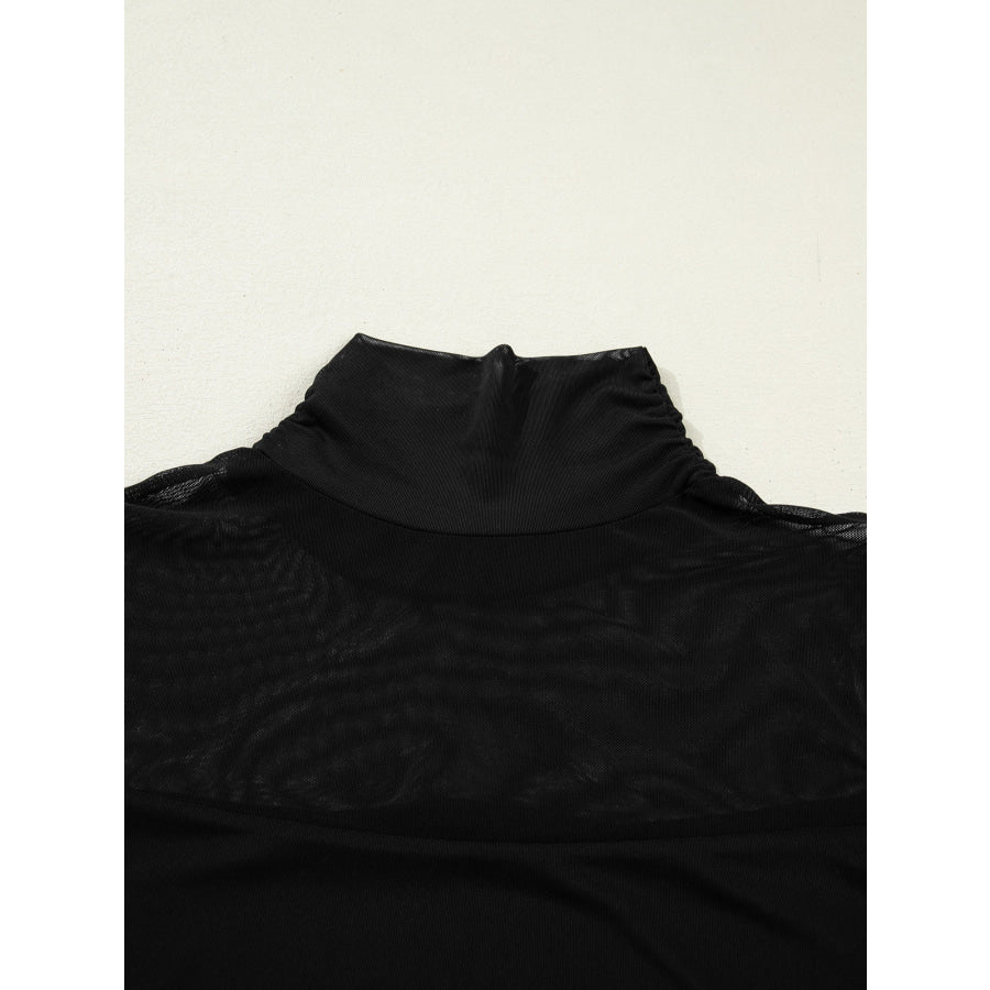 Sheer Mesh Patchwork High Neck Long Sleeve Top Apparel and Accessories