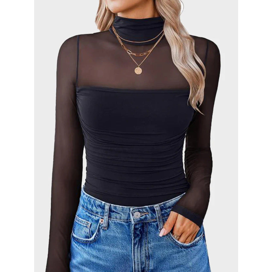 Sheer Mesh Patchwork High Neck Long Sleeve Top Black / S Apparel and Accessories