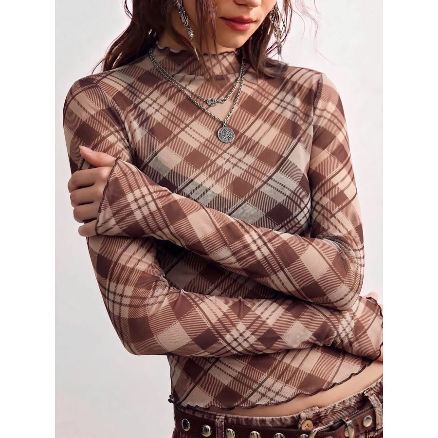 Sheer Mesh Plaid Mock Neck Long Sleeve T-Shirt Apparel and Accessories