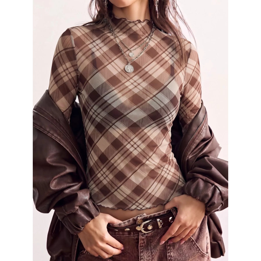 Sheer Mesh Plaid Mock Neck Long Sleeve T-Shirt Apparel and Accessories