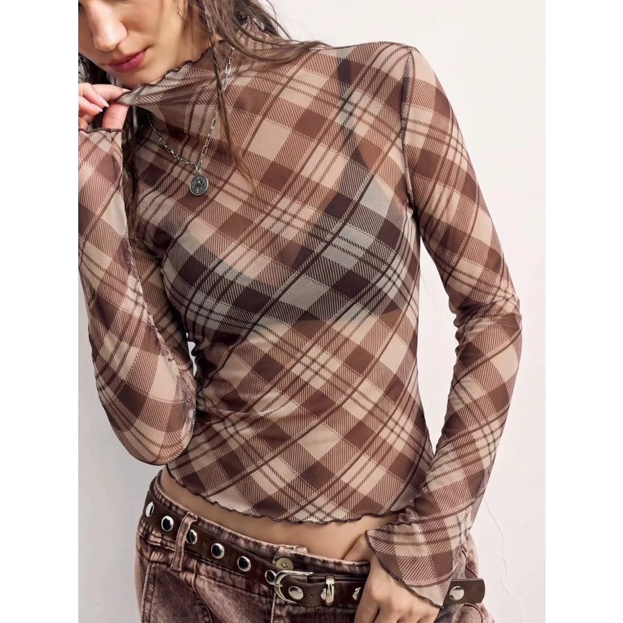 Sheer Mesh Plaid Mock Neck Long Sleeve T-Shirt Brown / S Apparel and Accessories