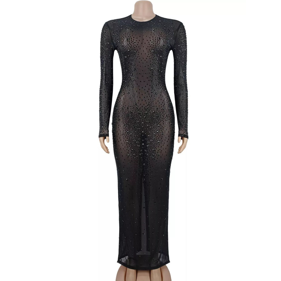 Sheer Mesh Rhinestone Embellished Long Sleeve Evening Dress Apparel and Accessories