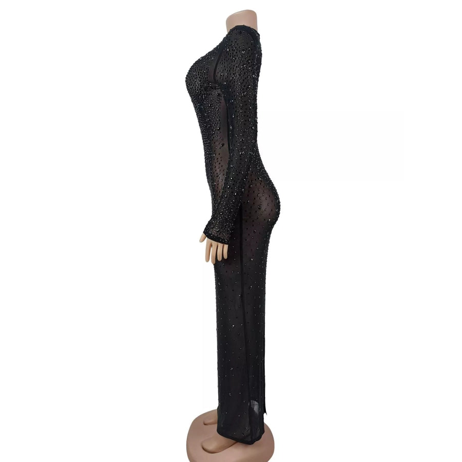 Sheer Mesh Rhinestone Embellished Long Sleeve Evening Dress Apparel and Accessories