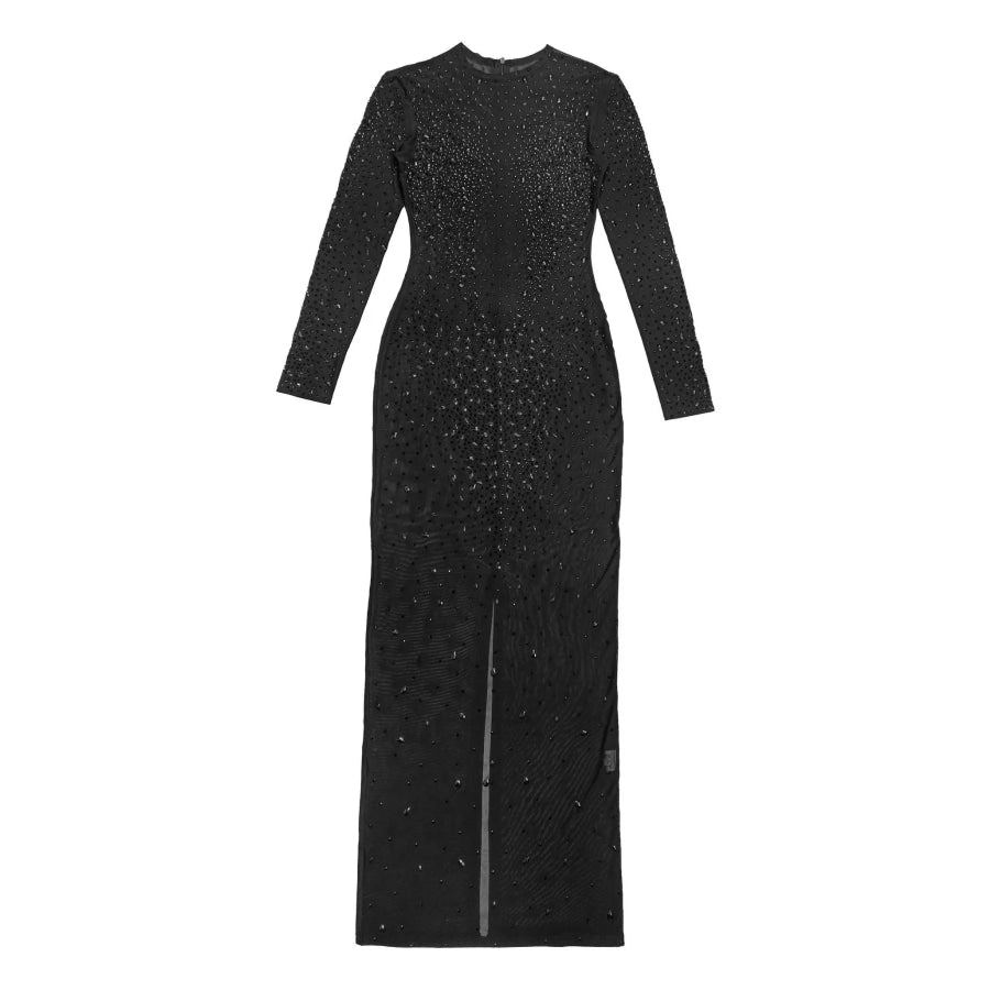 Sheer Mesh Rhinestone Embellished Long Sleeve Evening Dress Apparel and Accessories