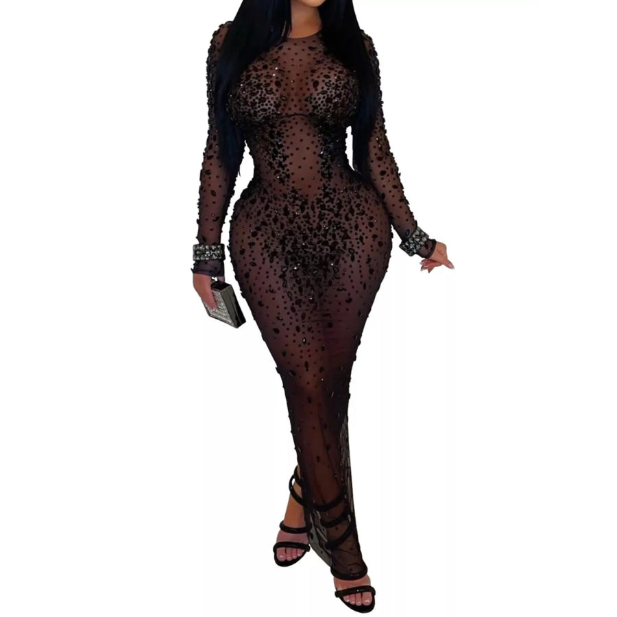 Sheer Mesh Rhinestone Embellished Long Sleeve Evening Dress Apparel and Accessories