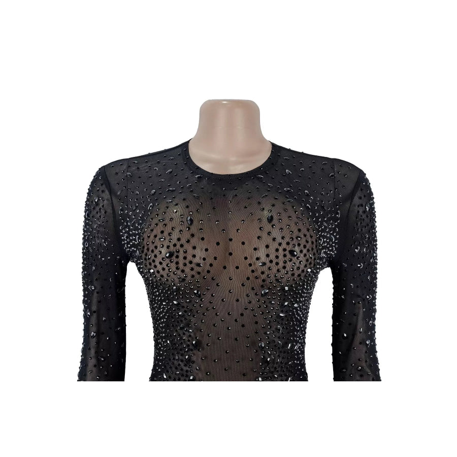 Sheer Mesh Rhinestone Embellished Long Sleeve Evening Dress Apparel and Accessories