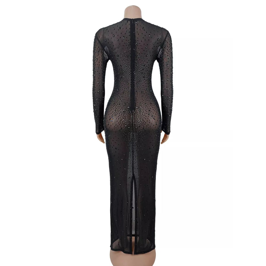 Sheer Mesh Rhinestone Embellished Long Sleeve Evening Dress Apparel and Accessories