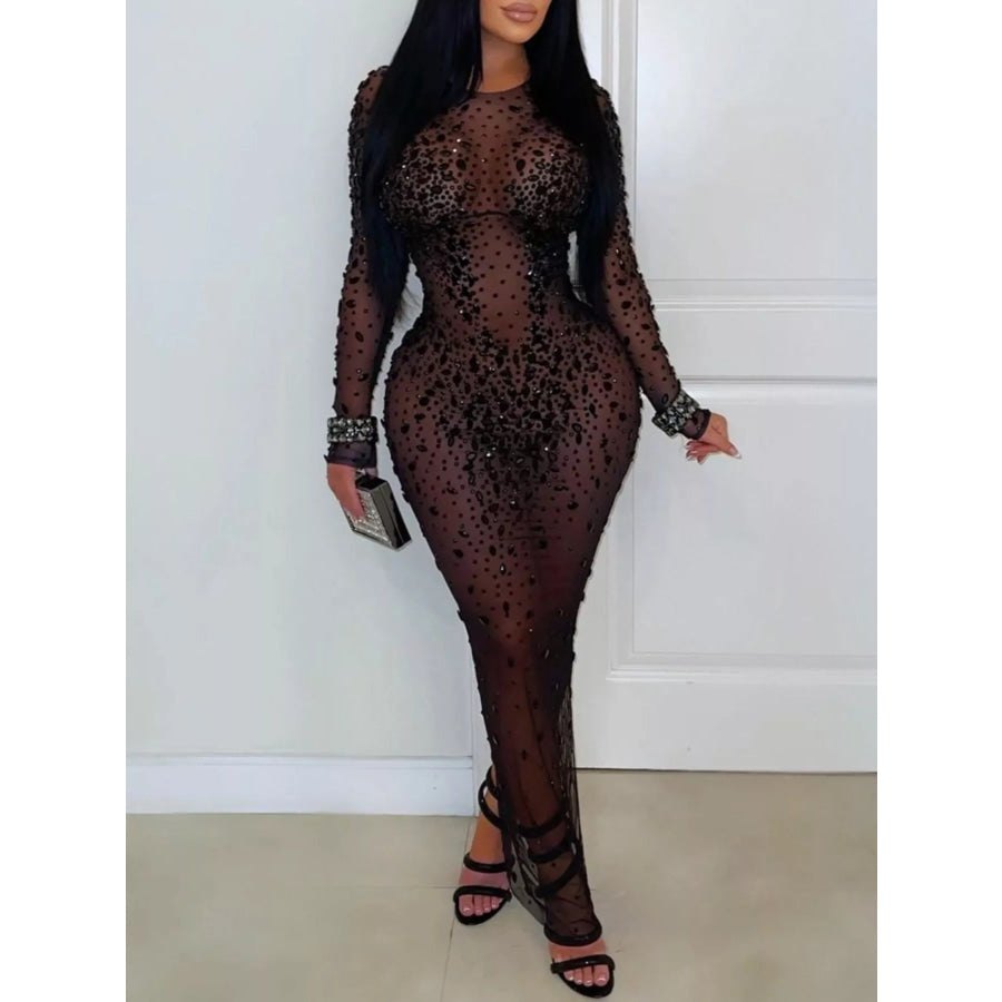 Sheer Mesh Rhinestone Embellished Long Sleeve Evening Dress Black / S Apparel and Accessories