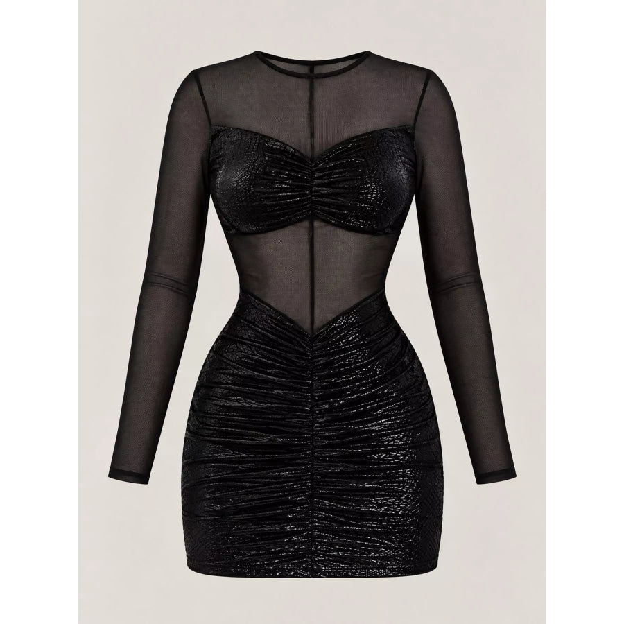 Sheer Mesh Ruched Bodycon Mini Dress Apparel and Accessories