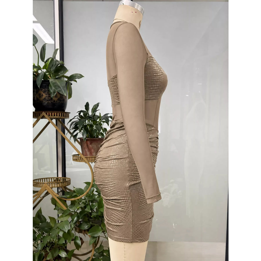 Sheer Mesh Ruched Bodycon Mini Dress Khaki / S Apparel and Accessories
