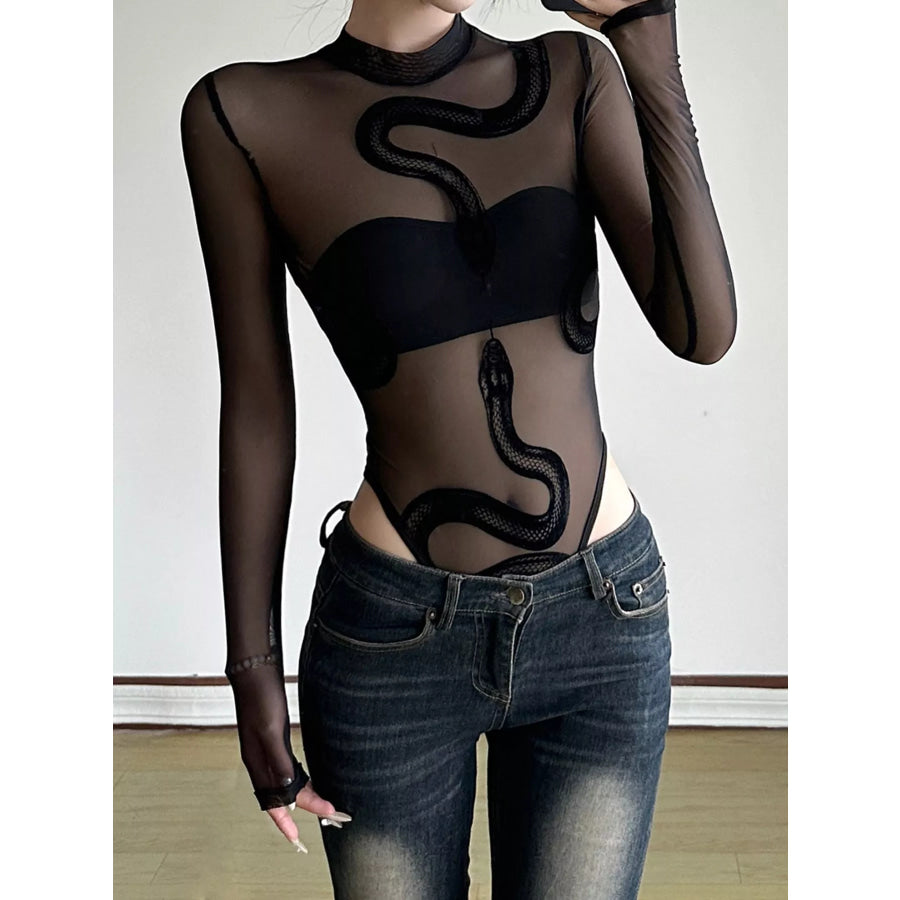 Sheer Mesh Snake Print Long Sleeve Bodysuit Apparel and Accessories