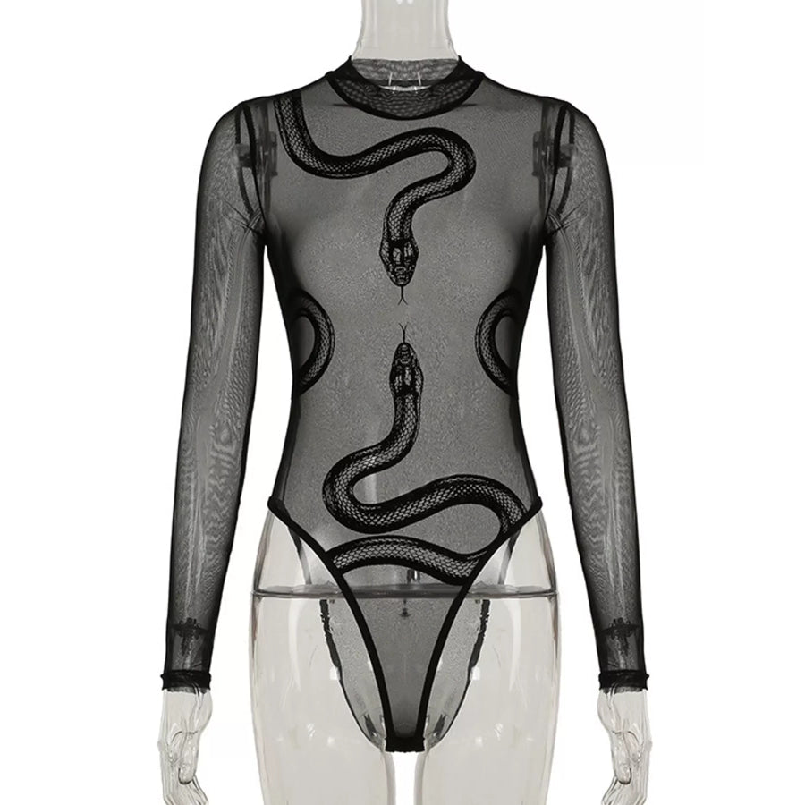 Sheer Mesh Snake Print Long Sleeve Bodysuit Apparel and Accessories