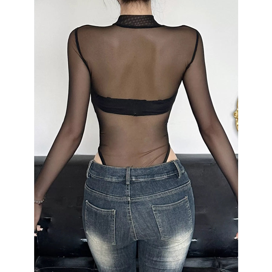 Sheer Mesh Snake Print Long Sleeve Bodysuit Apparel and Accessories