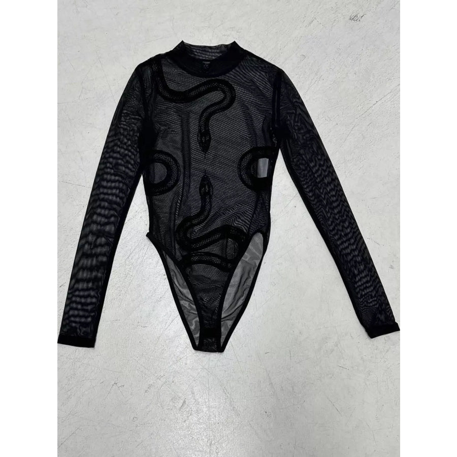 Sheer Mesh Snake Print Long Sleeve Bodysuit Apparel and Accessories