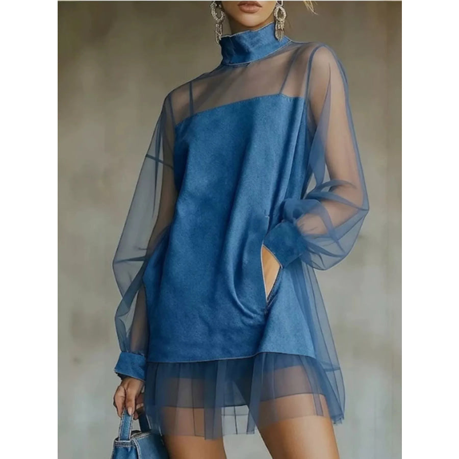 Sheer Mesh Turtleneck Mini Dress Peacock Blue / S Apparel and Accessories