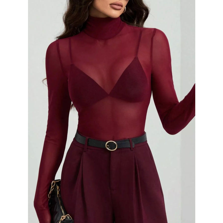 Sheer Mesh Turtleneck Top Burgundy / S Apparel and Accessories