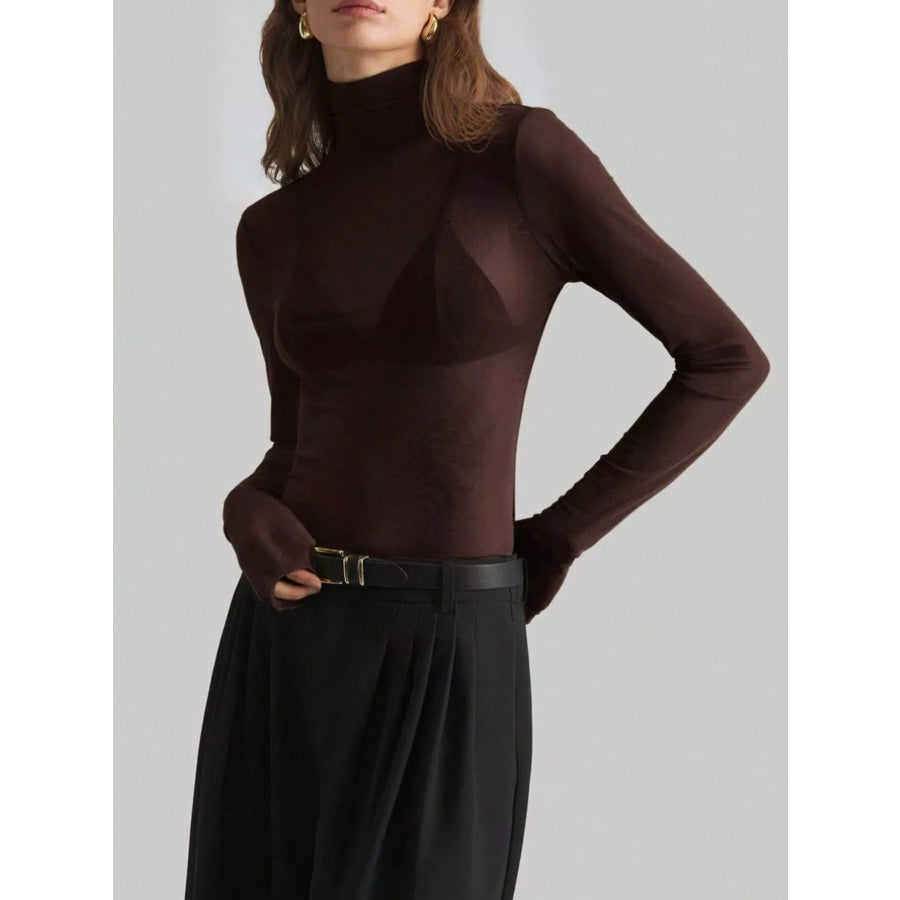 Sheer Mesh Turtleneck Top Chocolate / S Apparel and Accessories
