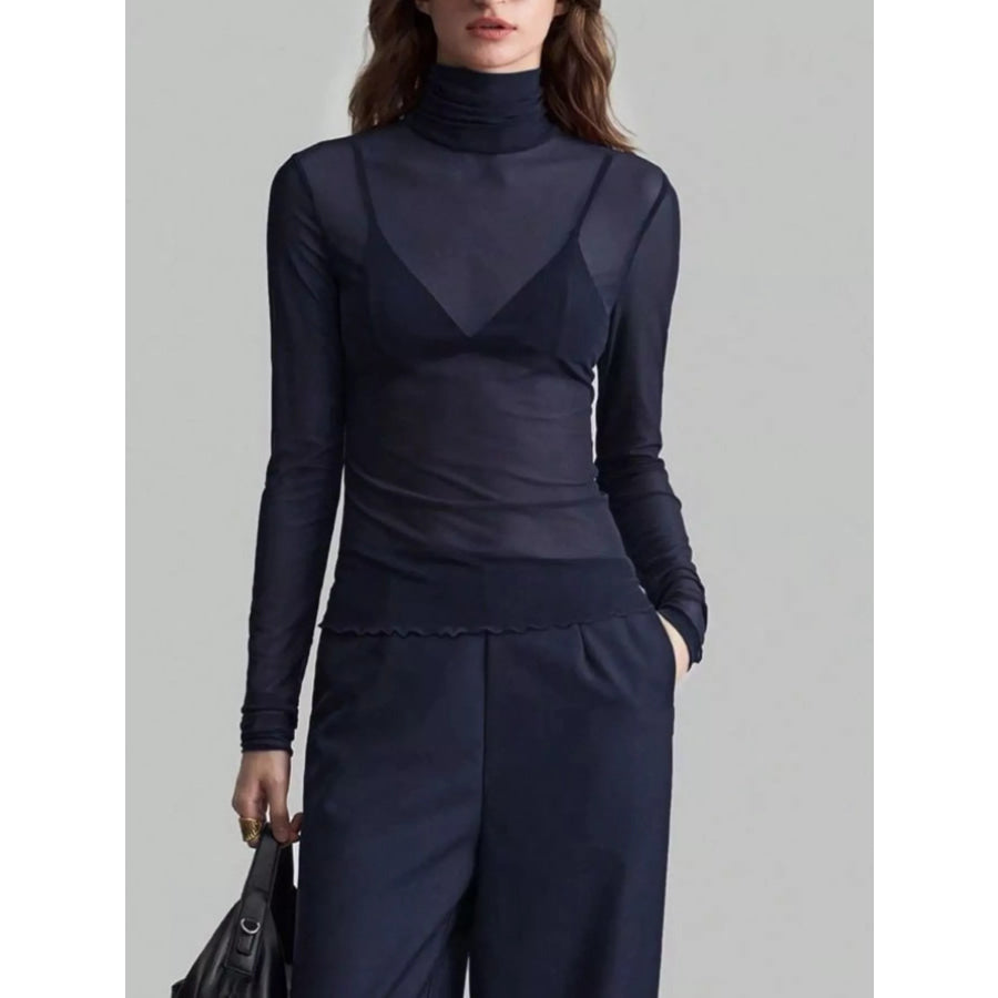 Sheer Mesh Turtleneck Top Navy / S Apparel and Accessories