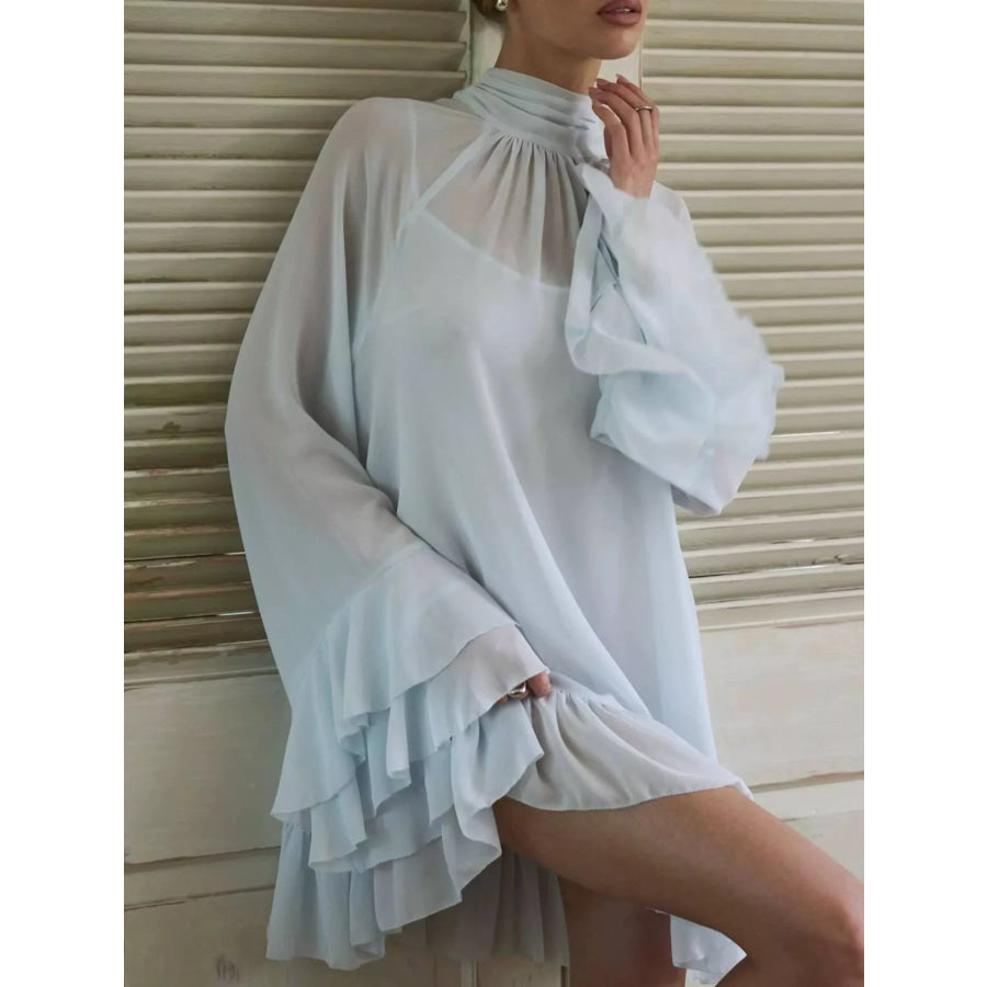 Sheer Mock Neck Flare Sleeve Dress Apparel and Accessories