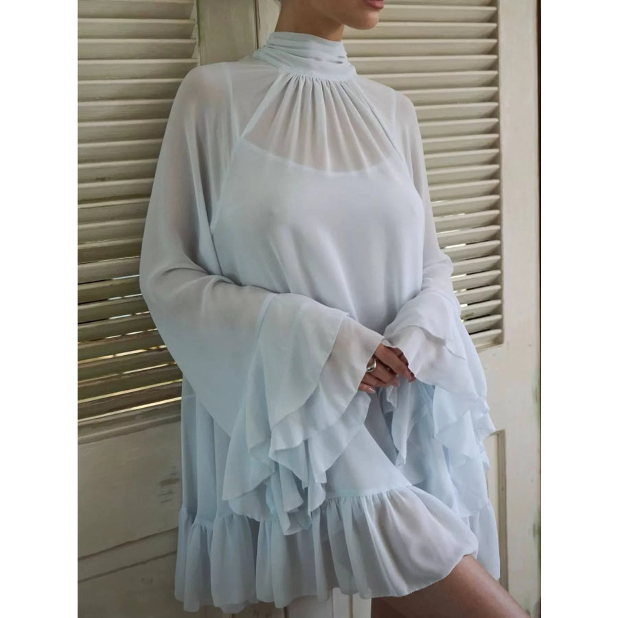 Sheer Mock Neck Flare Sleeve Dress Apparel and Accessories