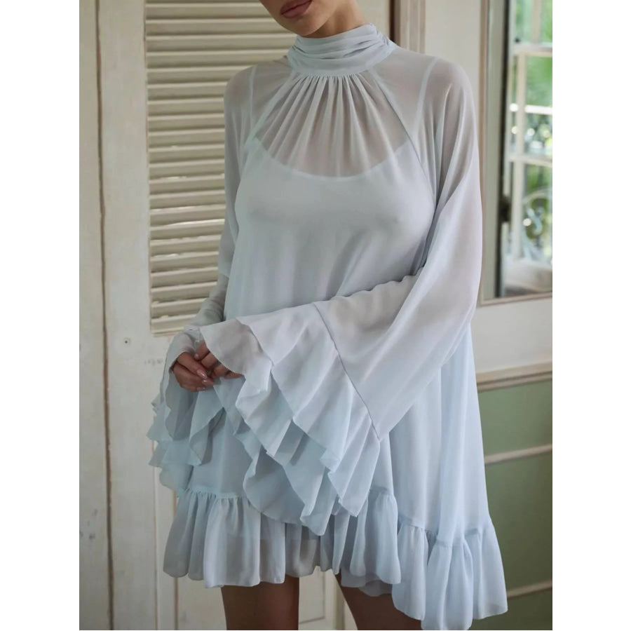 Sheer Mock Neck Flare Sleeve Dress Sky Blue / S Apparel and Accessories