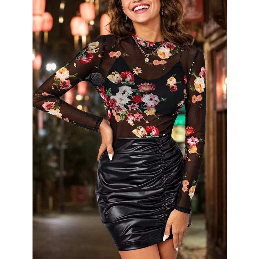 Sheer Mock Neck Long Sleeve Top Black / S Apparel and Accessories
