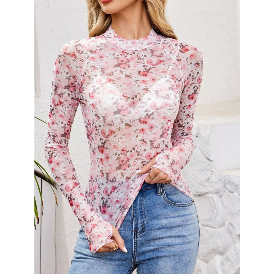Sheer Mock Neck Long Sleeve Top Pink Floral / S Apparel and Accessories
