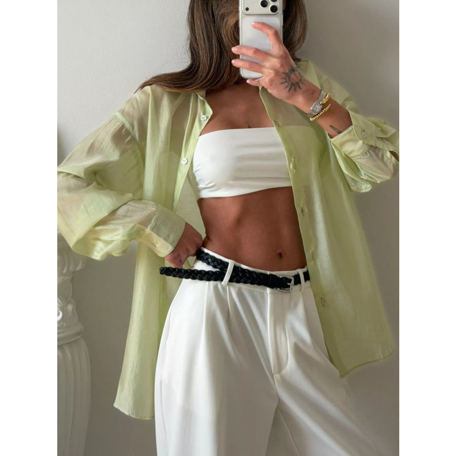 Sheer Oversized Button-Up Shirt Gum Leaf / S Apparel and Accessories