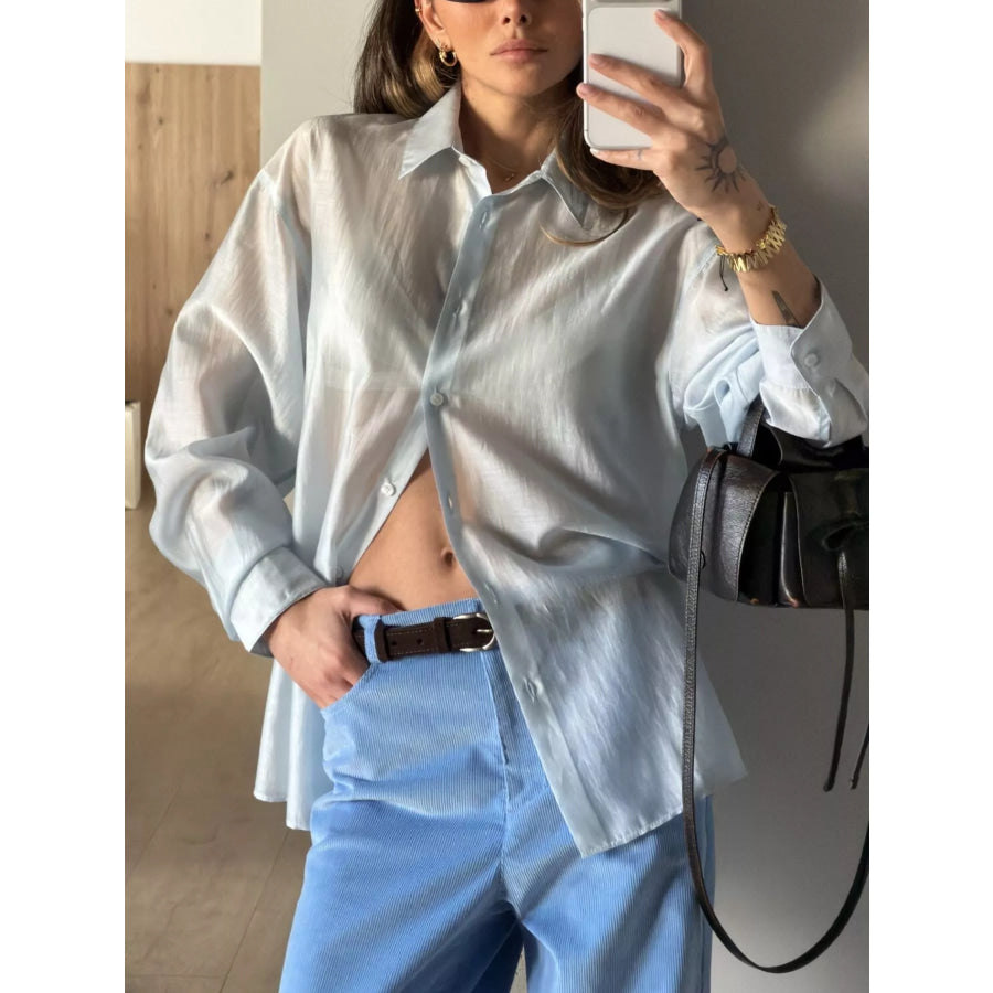 Sheer Oversized Button-Up Shirt Light Blue / S Apparel and Accessories