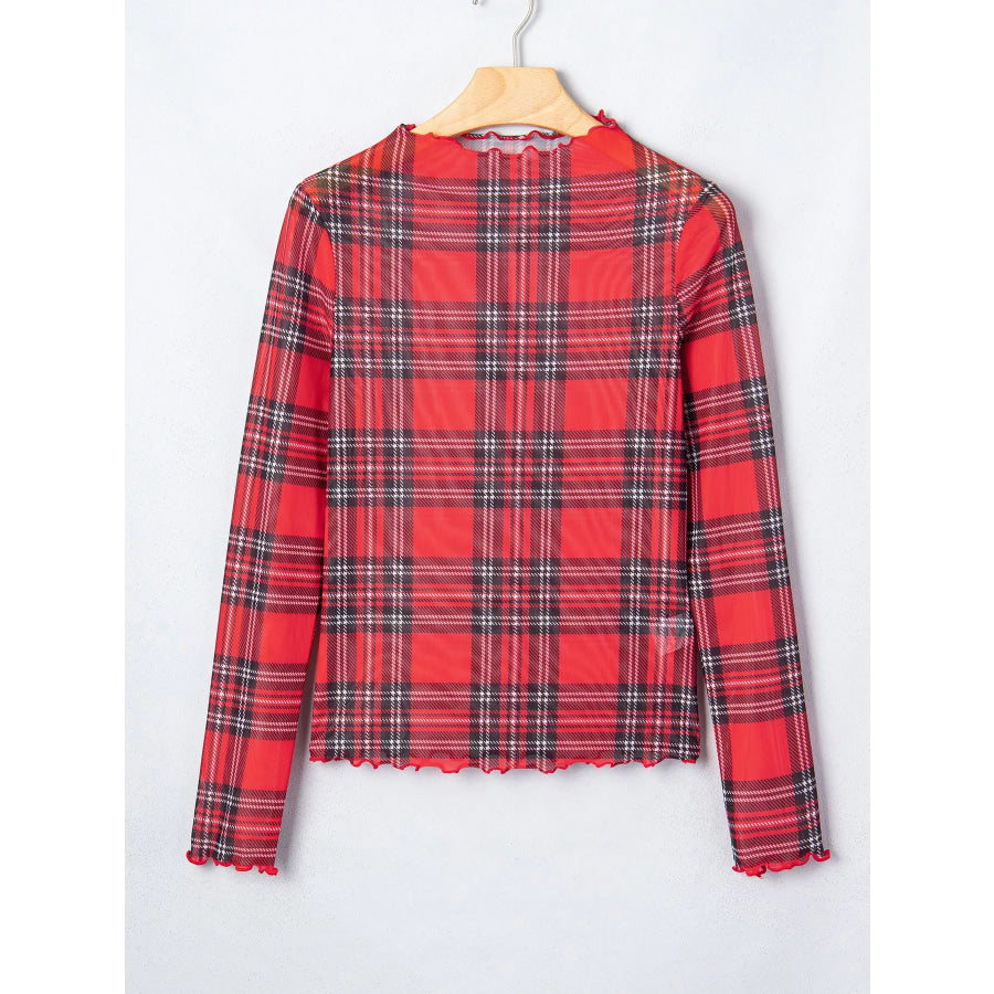 Sheer Plaid Mock Neck Long Sleeve Blouse Apparel and Accessories