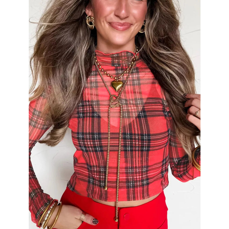 Sheer Plaid Mock Neck Long Sleeve Blouse Apparel and Accessories